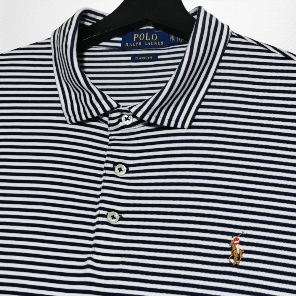 Polo Ralph Lauren Polo Shirt Mens XL Classic Fit Navy White Striped Brown Pony